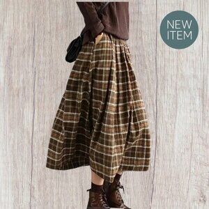 Brown Plaid A-Line Midi Skirt Pockets Size Large Lagenlook Oversize Gather NWT